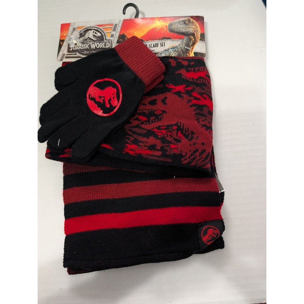 Jurassic World 3 PC Beanie Gloves Scarf Set One Size Fits Most. Red, Black NWT